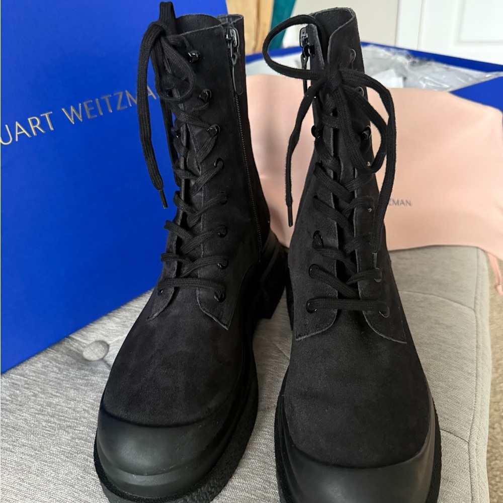 Stuart Weitzman Black Charli Suede Combat Lace-up Sportlift Boots - Picture 5 of 17